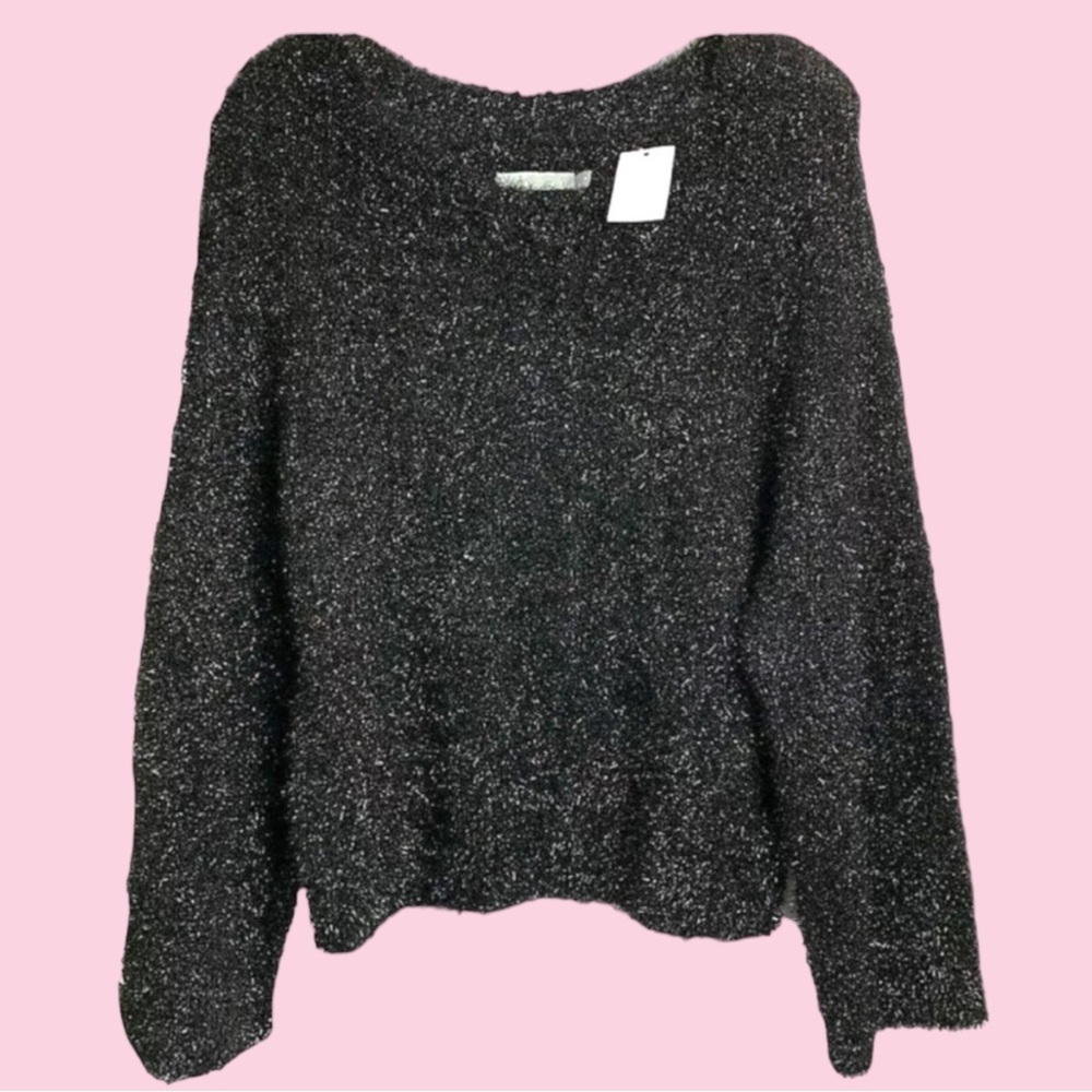 $325 Vince Pullover Top Medium Black SOFT Lofty Silver Sparkle Crew Neck Slouchy